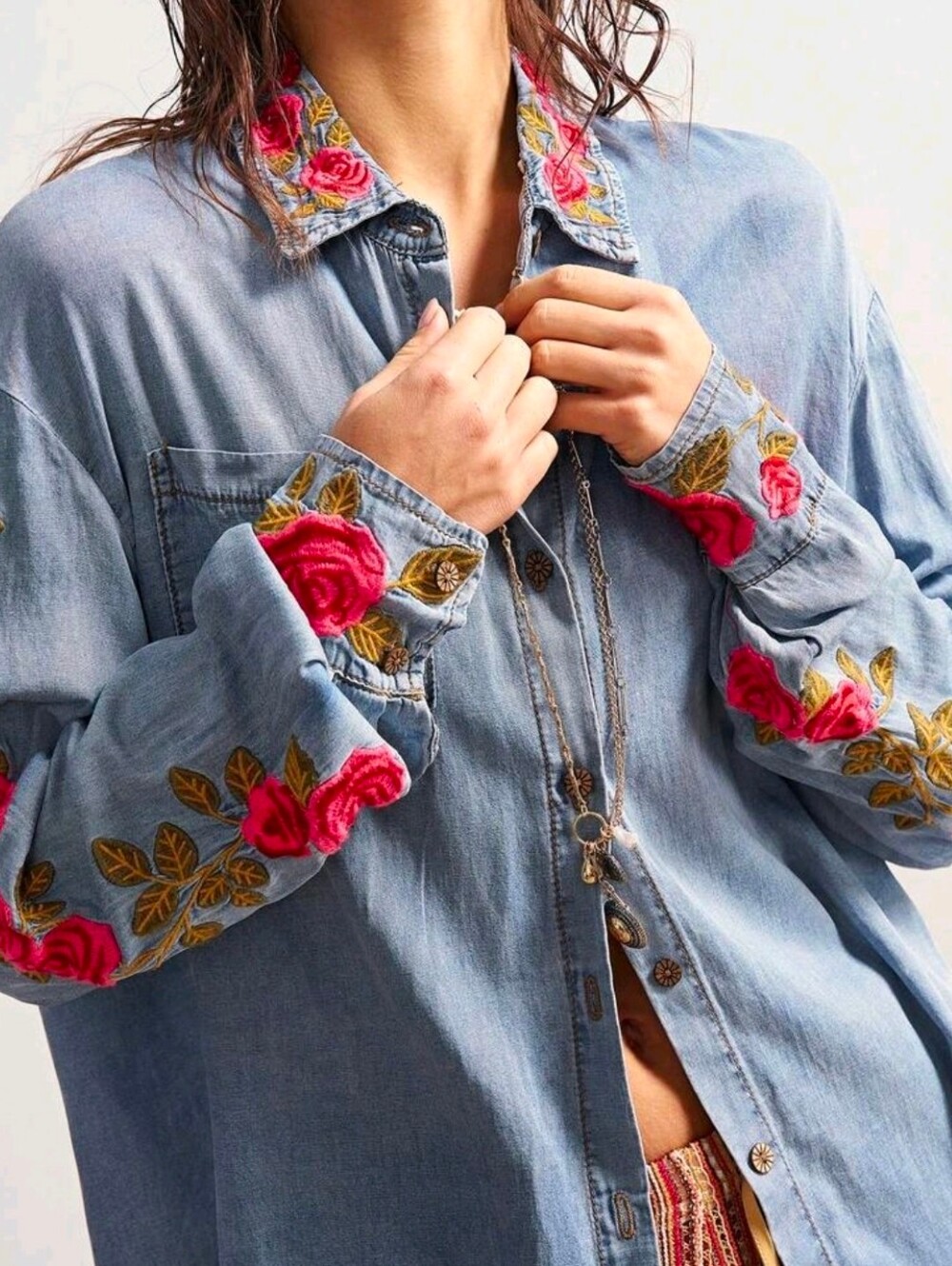 New Boho Embroidered Rose Floral Button Down Shirt Blue Denim Red Pink Green - Picture 4 of 11